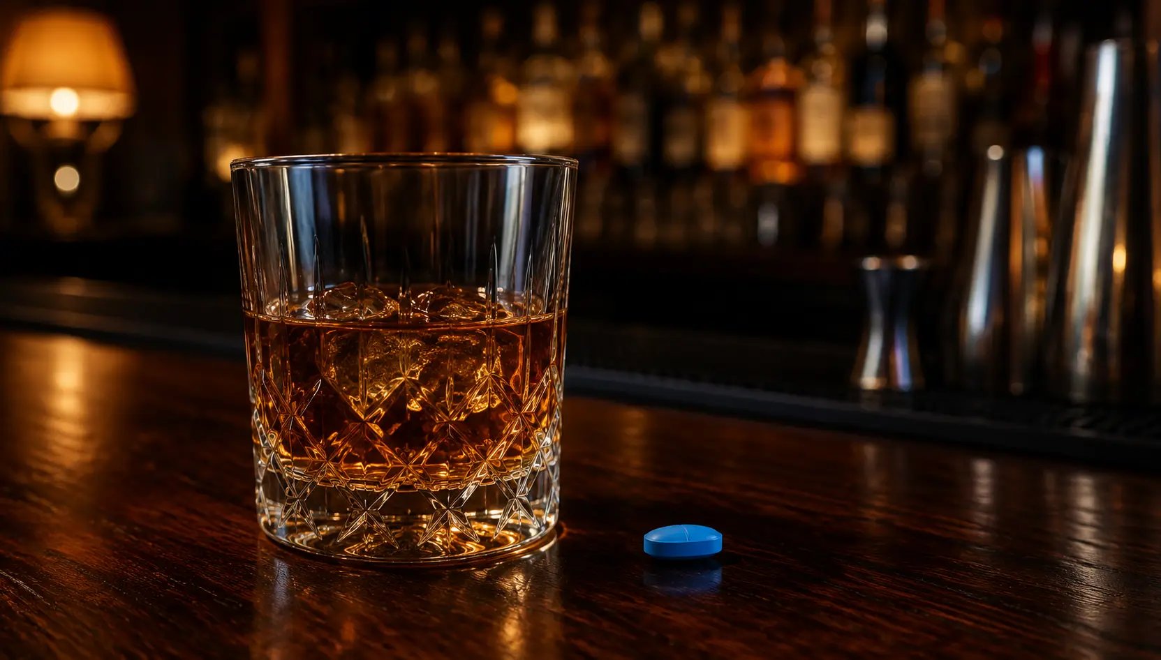 A glass of whiskey and a blue pill