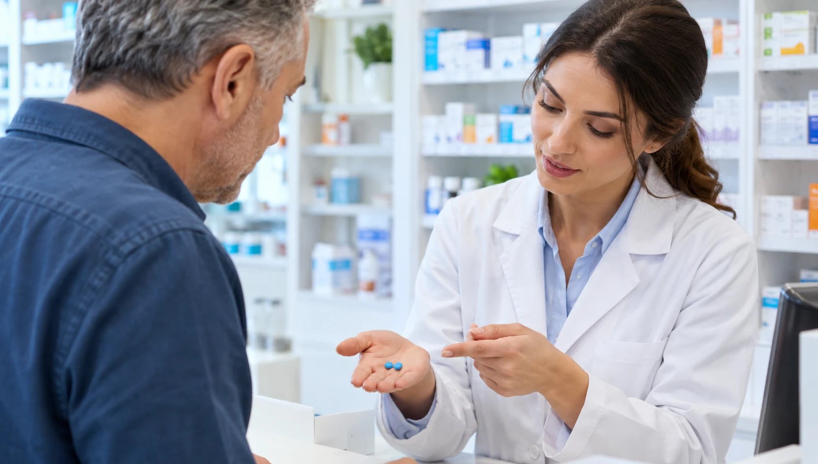 Apothekerin zeigt einem Mann in einer Apotheke zwei blaue Tabletten in ihrer Hand.