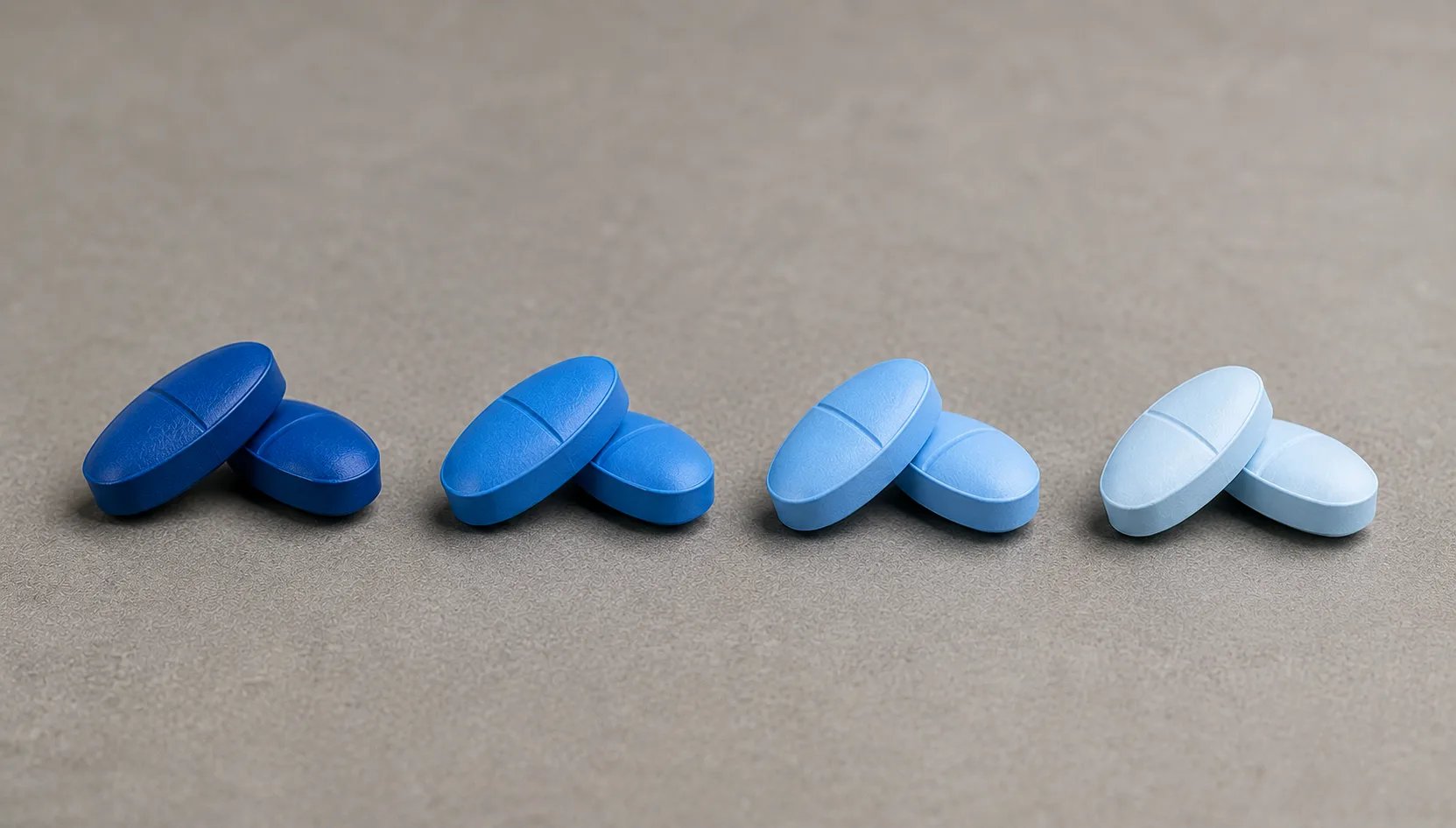 Quatre comprimés de différentes nuances de bleu