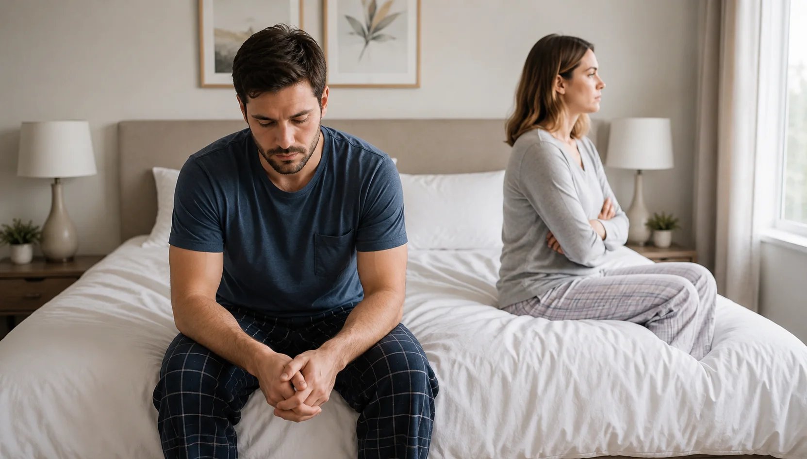 Ein Paar, das auf dem Bett voneinander abgewandt liegt