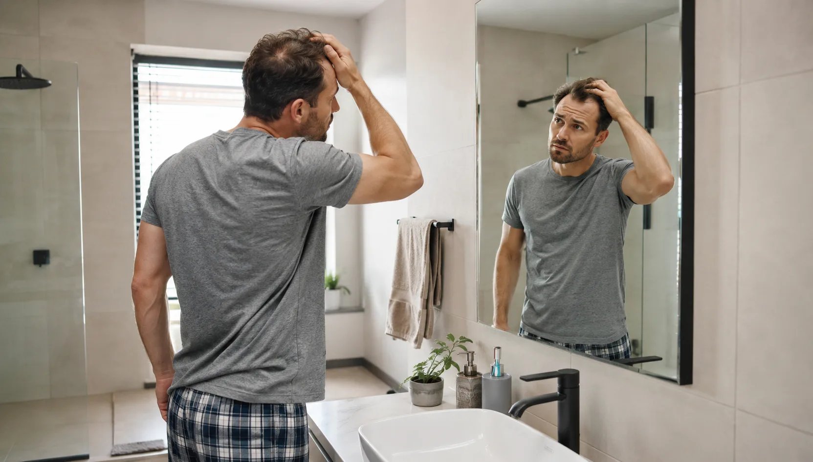 Man in the bathroom looking at his hairline