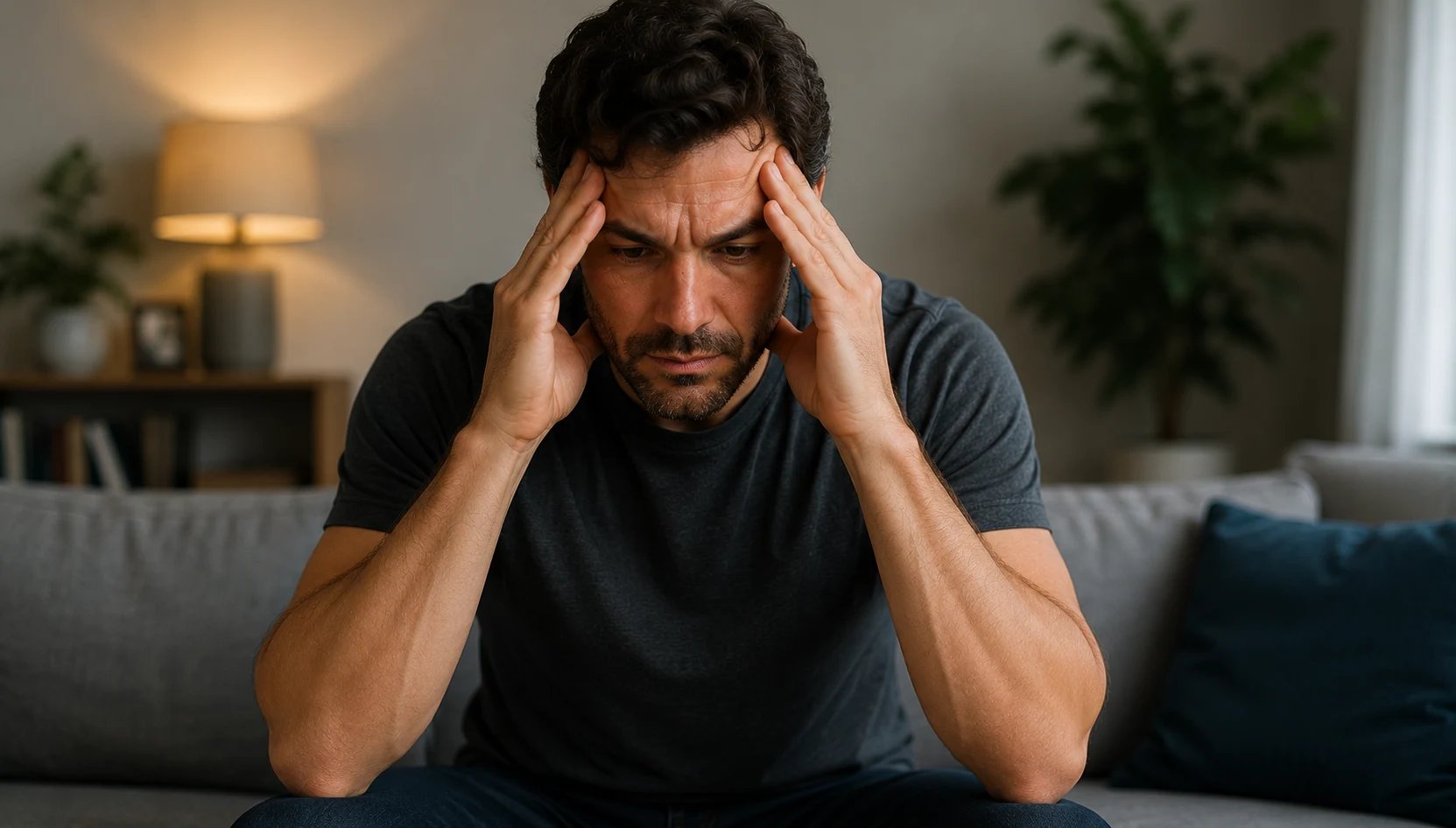 Un homme assis, l'air stressé