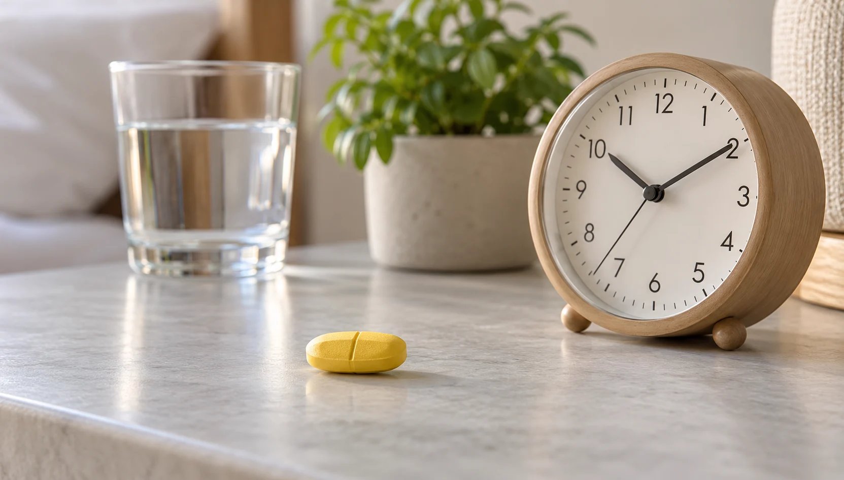 a yellow pill next to a clock