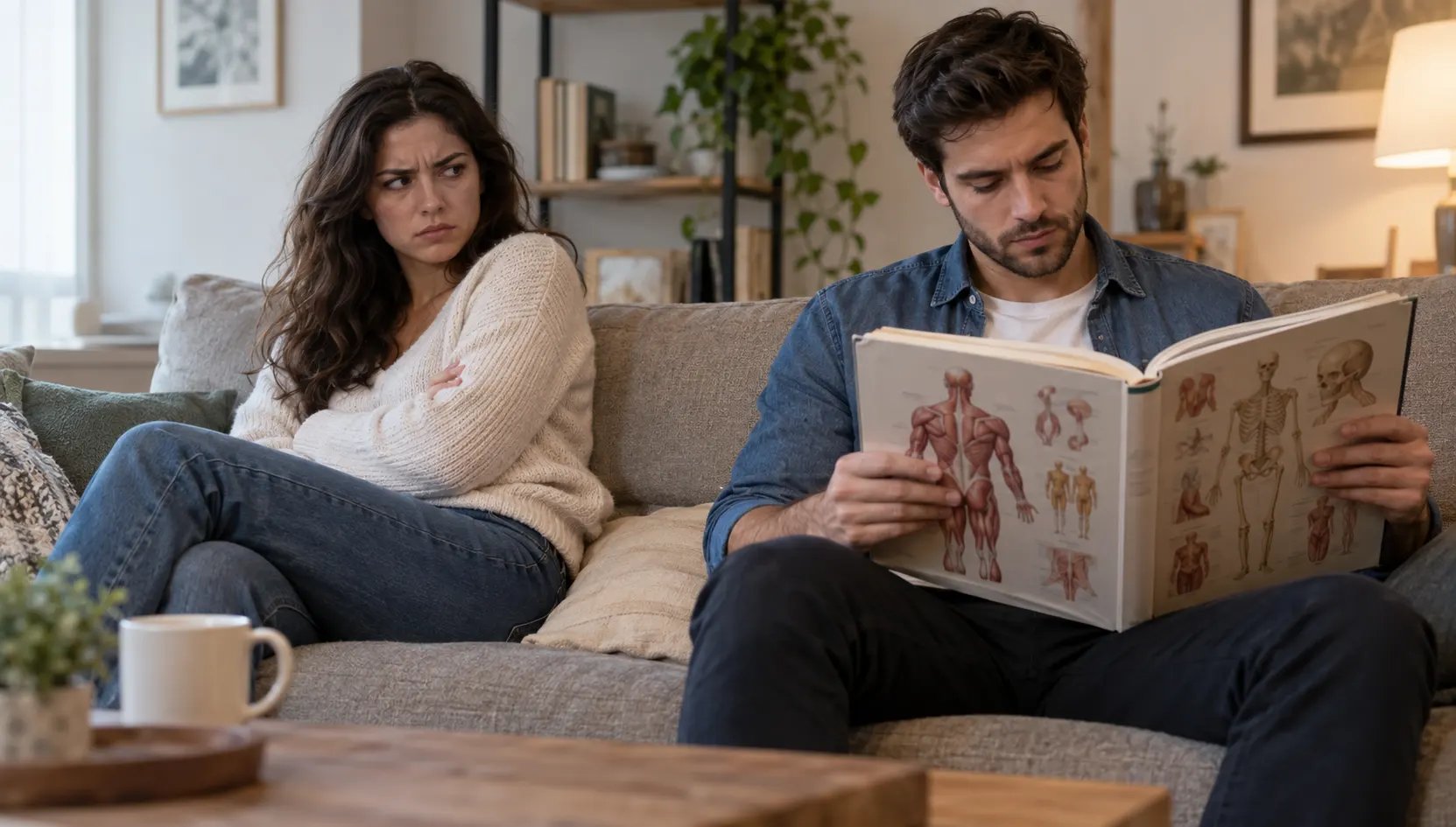 woman angry and a man reading an anatomy book