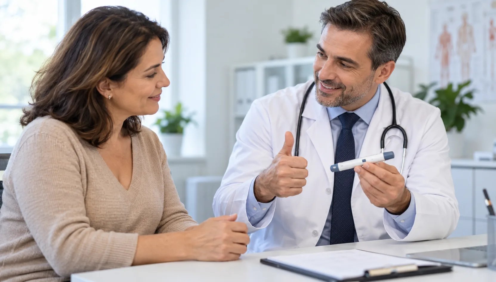 Doctor gives a thumbs-up while showing an injection pen to a patient during a consultation.Target domain: UK Apomeds