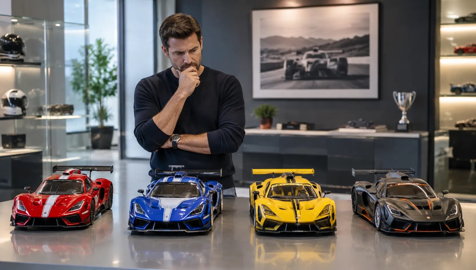 Homem observa quatro modelos diferentes de carros de corrida e tenta escolher entre eles.