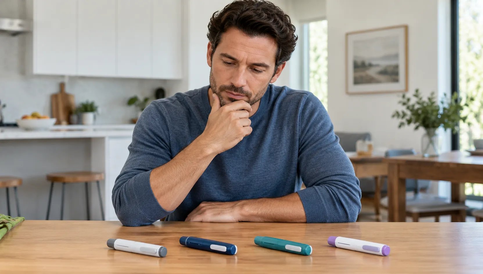 Homem observa pensativamente quatro canetas injetoras diferentes dispostas sobre uma mesa.