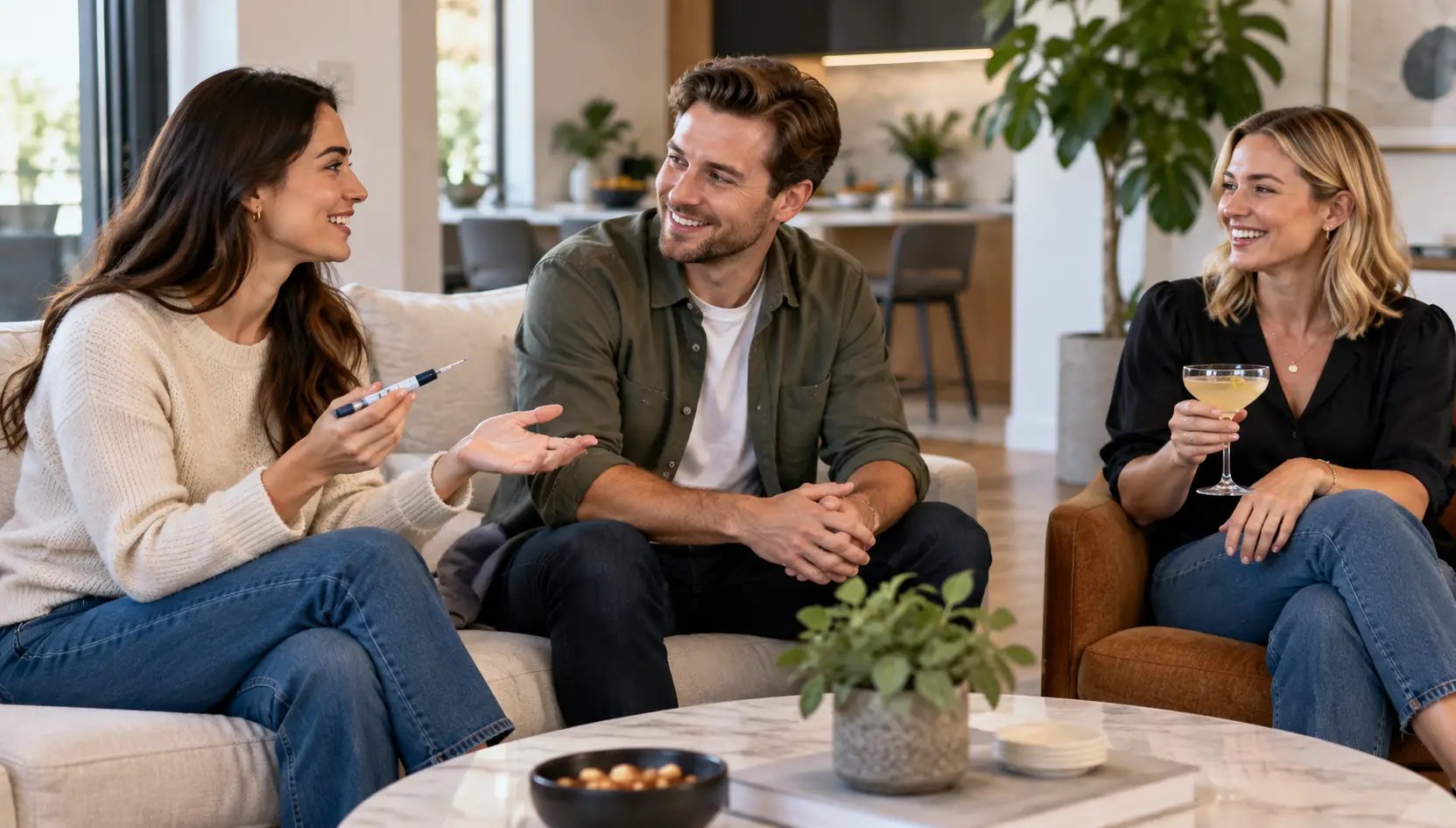 People talk at home while holding a cocktail glass and an injection pen.