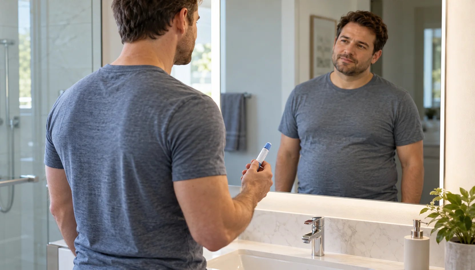 Man holds an injection pen in front of a mirror, while his reflection appears slightly heavier.