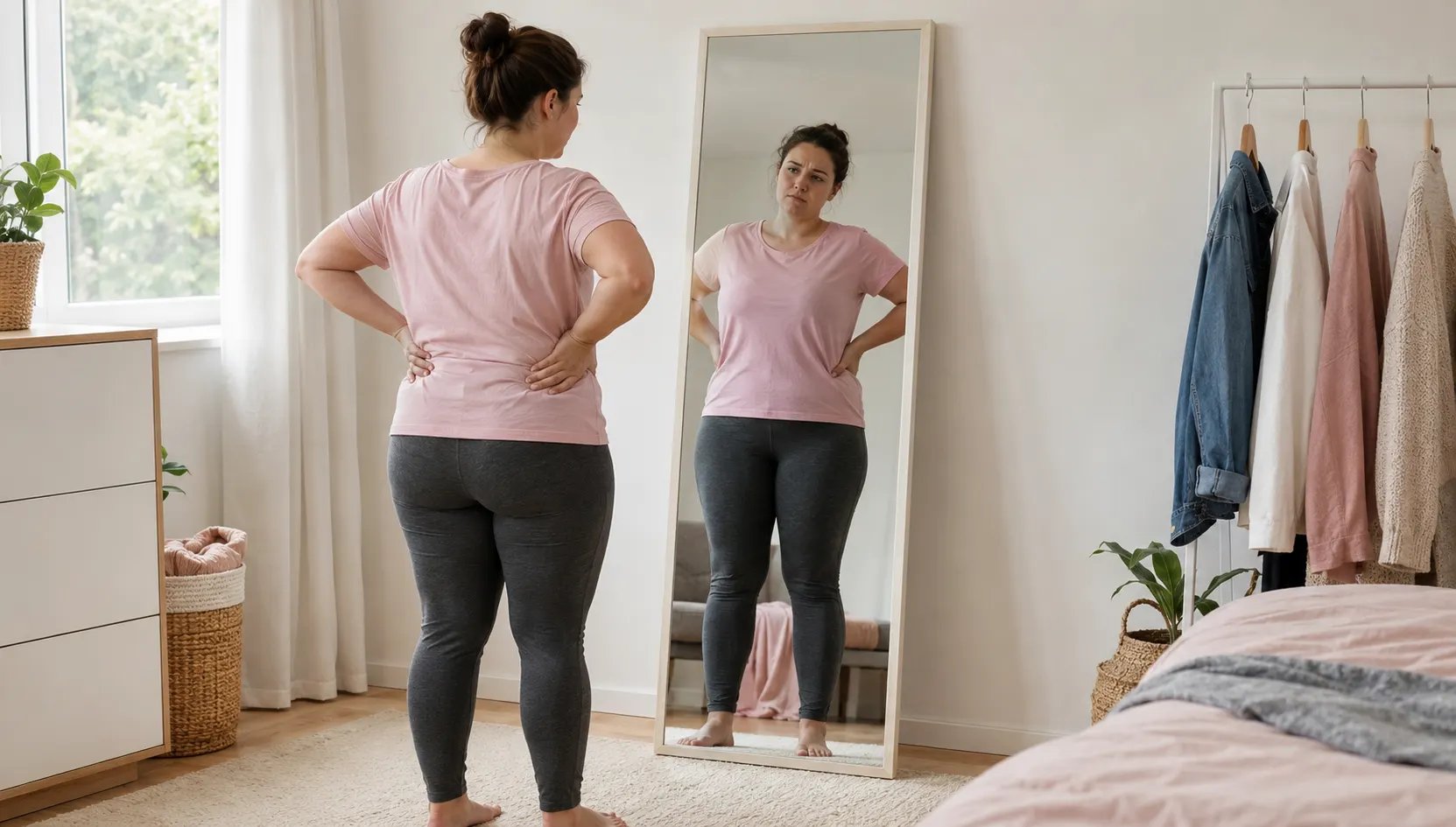 Frau betrachtet nachdenklich ihr Spiegelbild und wirkt enttäuscht über ausbleibenden Gewichtsverlust