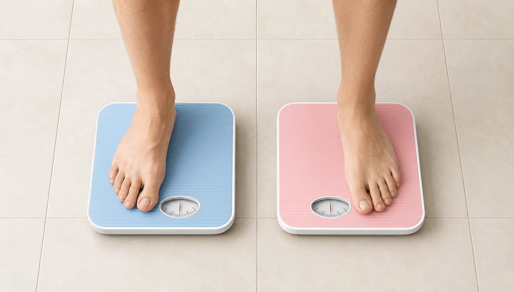 person standing on pink and blue scales