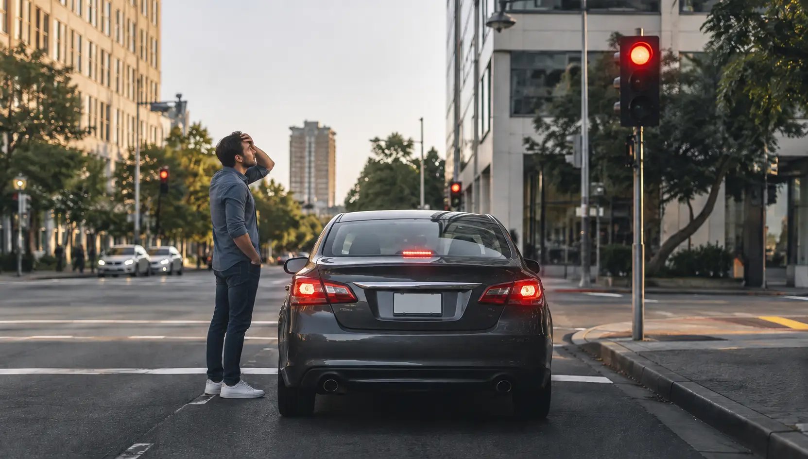 man worried looking at red light in front of his car