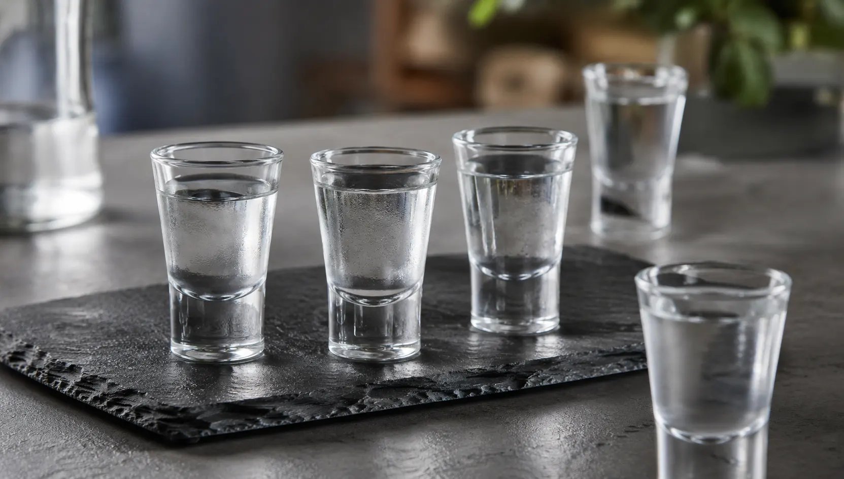 Mehrere Wodka-Shots stehen auf einem dunklen Tisch