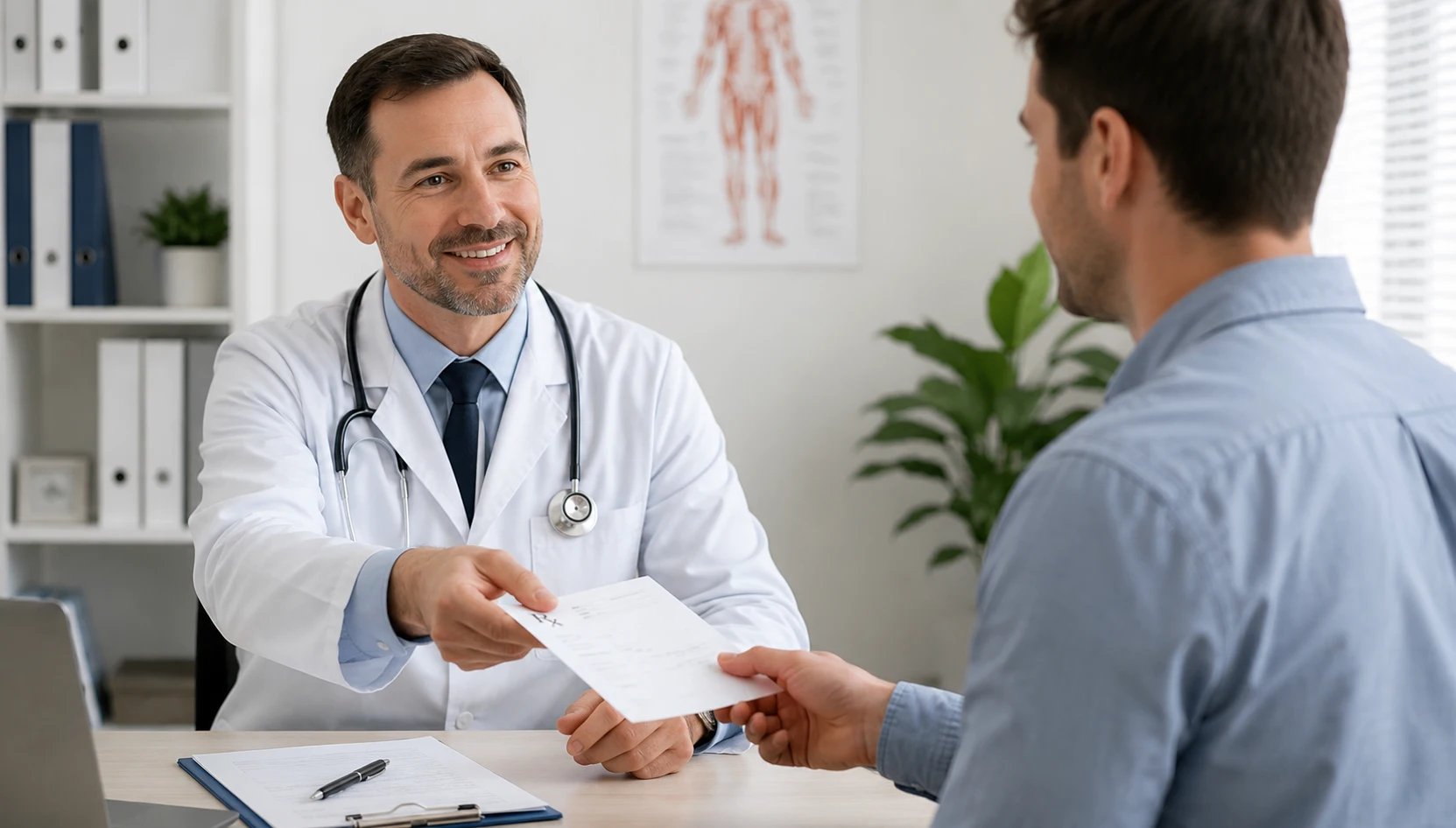 A doctor handing a pescription to a male patient