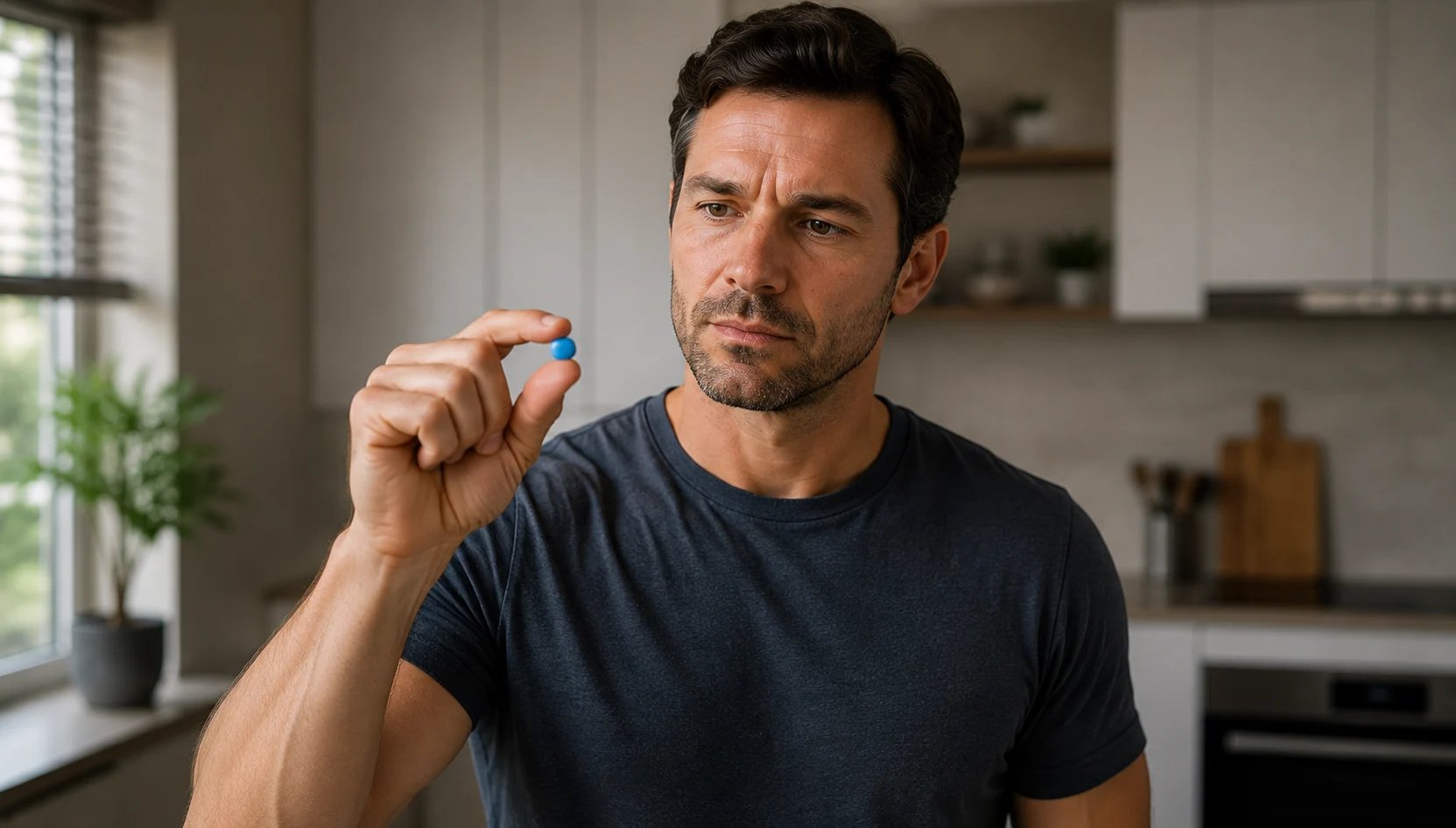 A man closely examining a blue pill