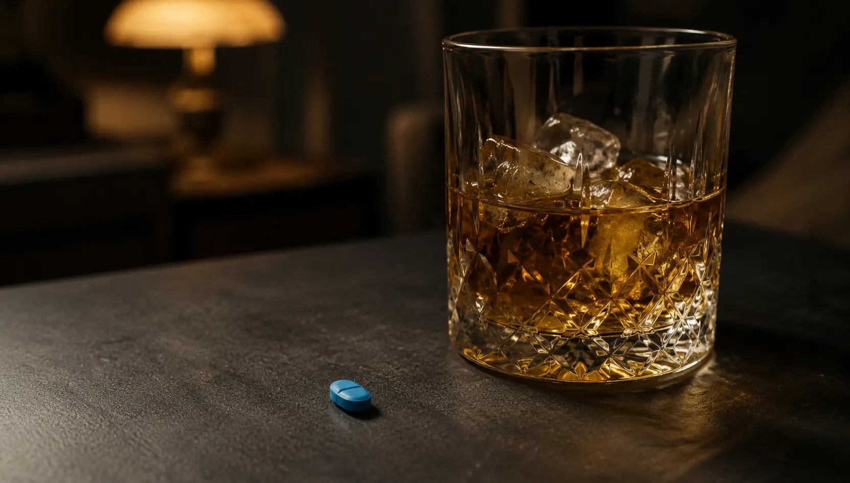 Ein Whiskyglas und eine blaue Tablette auf dem Tisch
