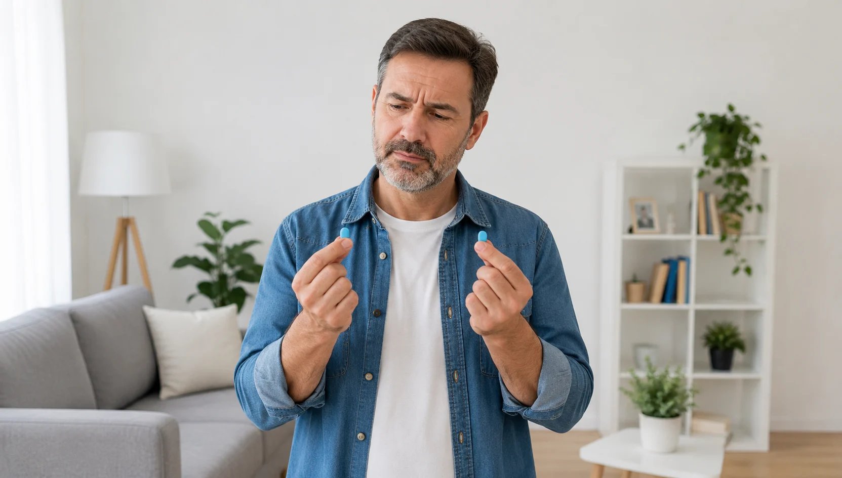 Un homme tendant deux comprimés bleus différents