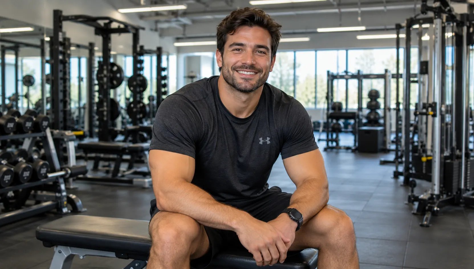 Lächelnder sportlicher Mann sitzt auf einer Trainingsbank in einem modernen Fitnessstudio.