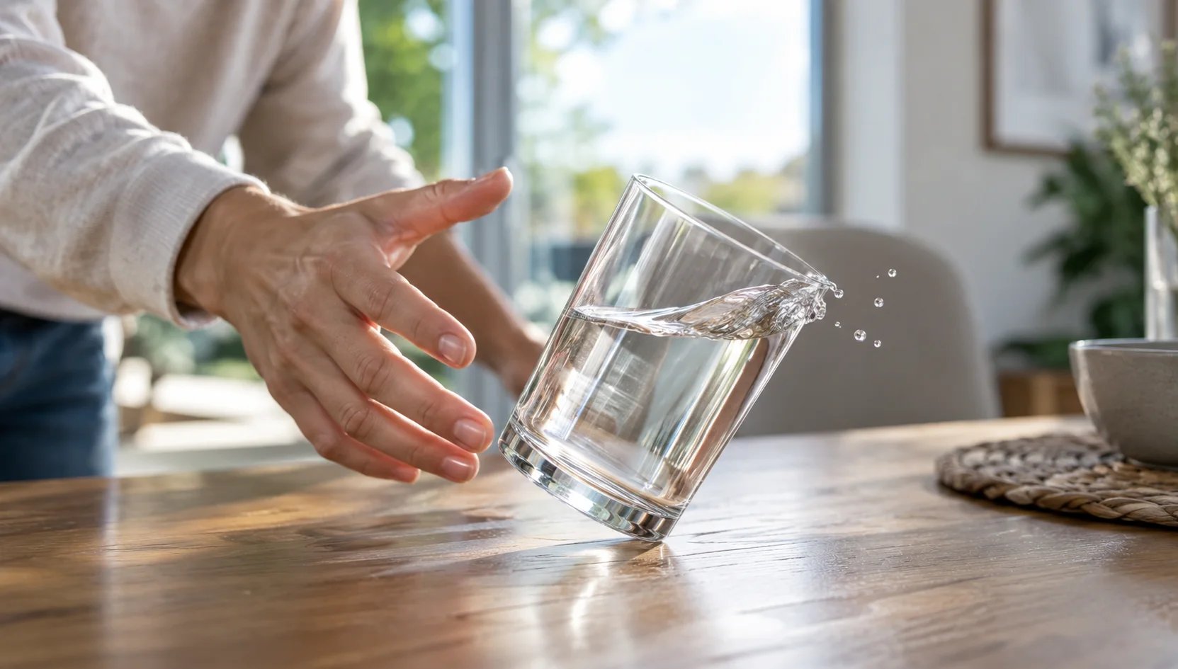 A hand reaches to catch a tipping glass of water before it spills onto a wooden table.