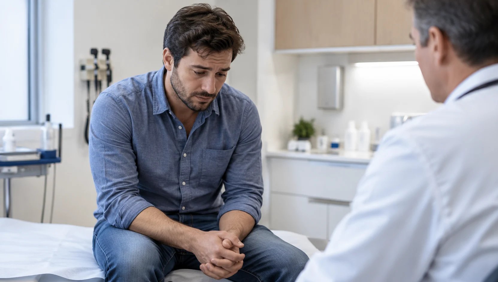 Homme honteux assis dans un cabinet médical face à un médecin.