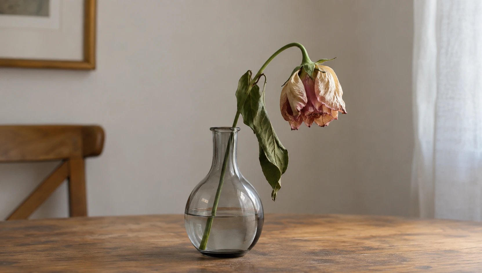 Verwelkte Blume hängt in einer Glasvase auf einem Holztisch.