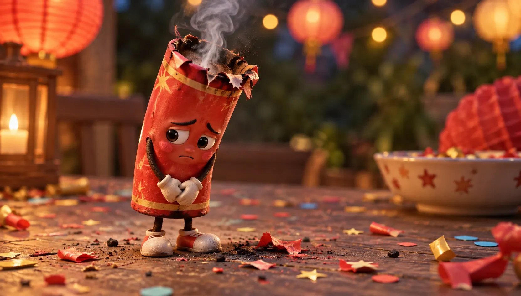 An ashamed cartoon firecracker with a smoky burst top stands among scattered confetti after going off too early.