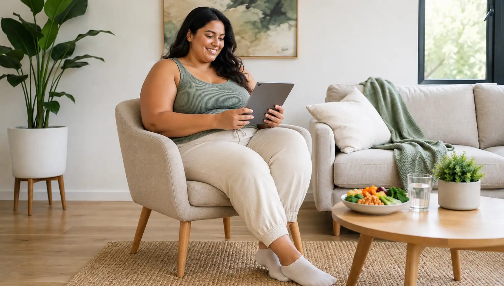 A woman sitting and browsing on her tablet