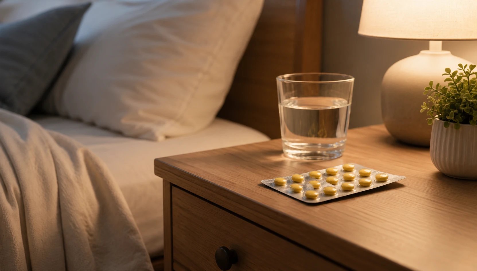 Gelbe Tabletten auf einem Nachttisch
