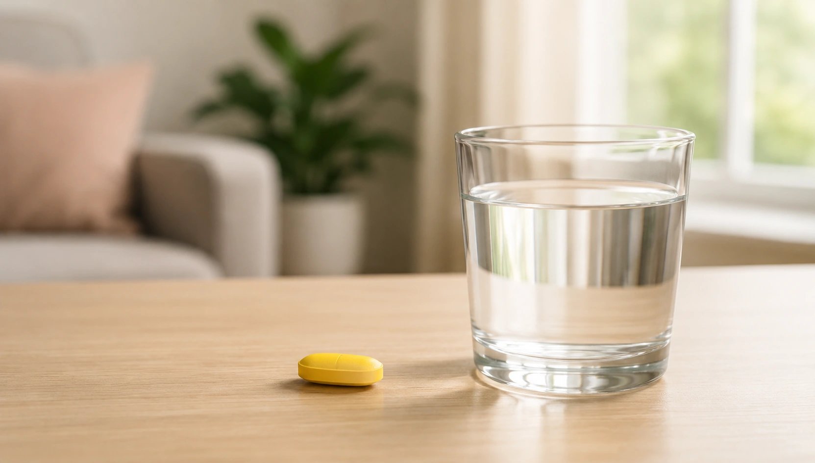 Un comprimé jaune et un verre d'eau