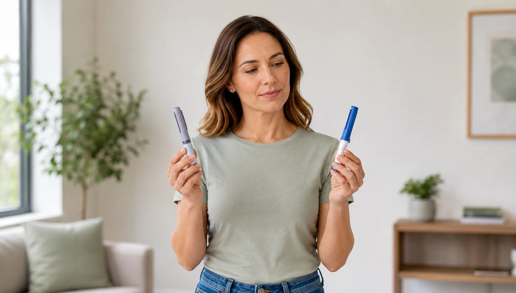 woman choosing between two injection pens