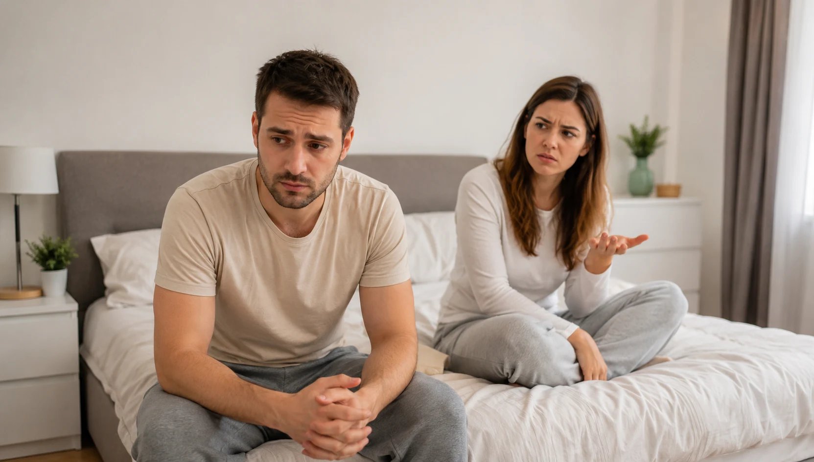 A man embarrassed on bed next to a woman