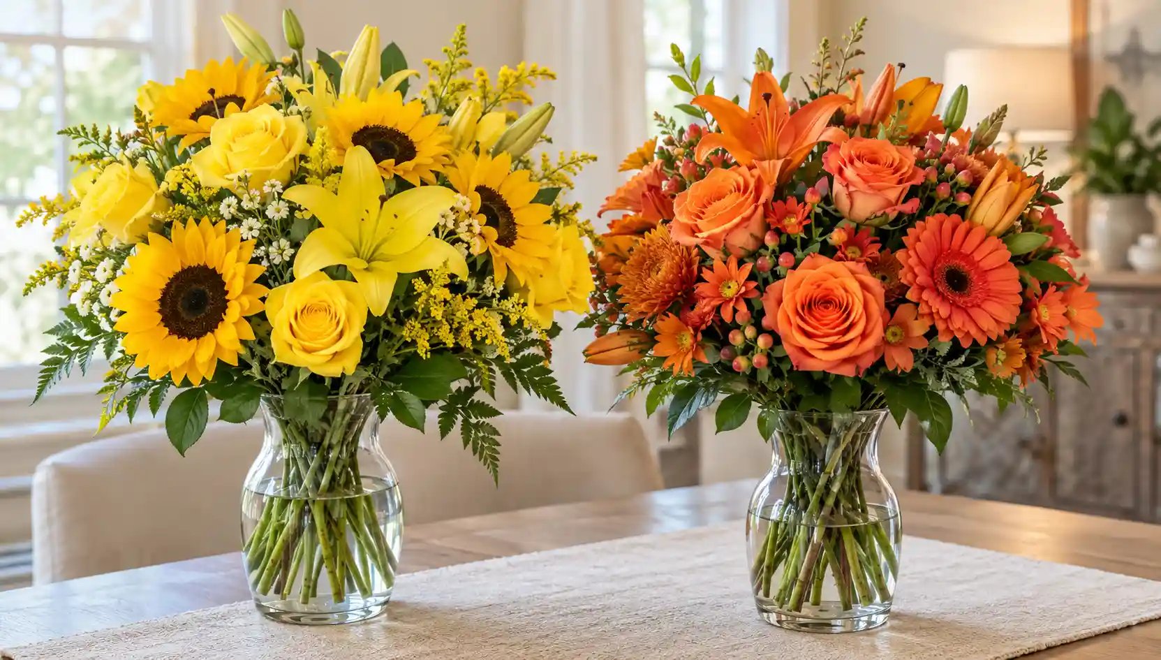 Zwei Glasvasen mit gelben und orangefarbenen Blumensträußen stehen auf einem Tisch.