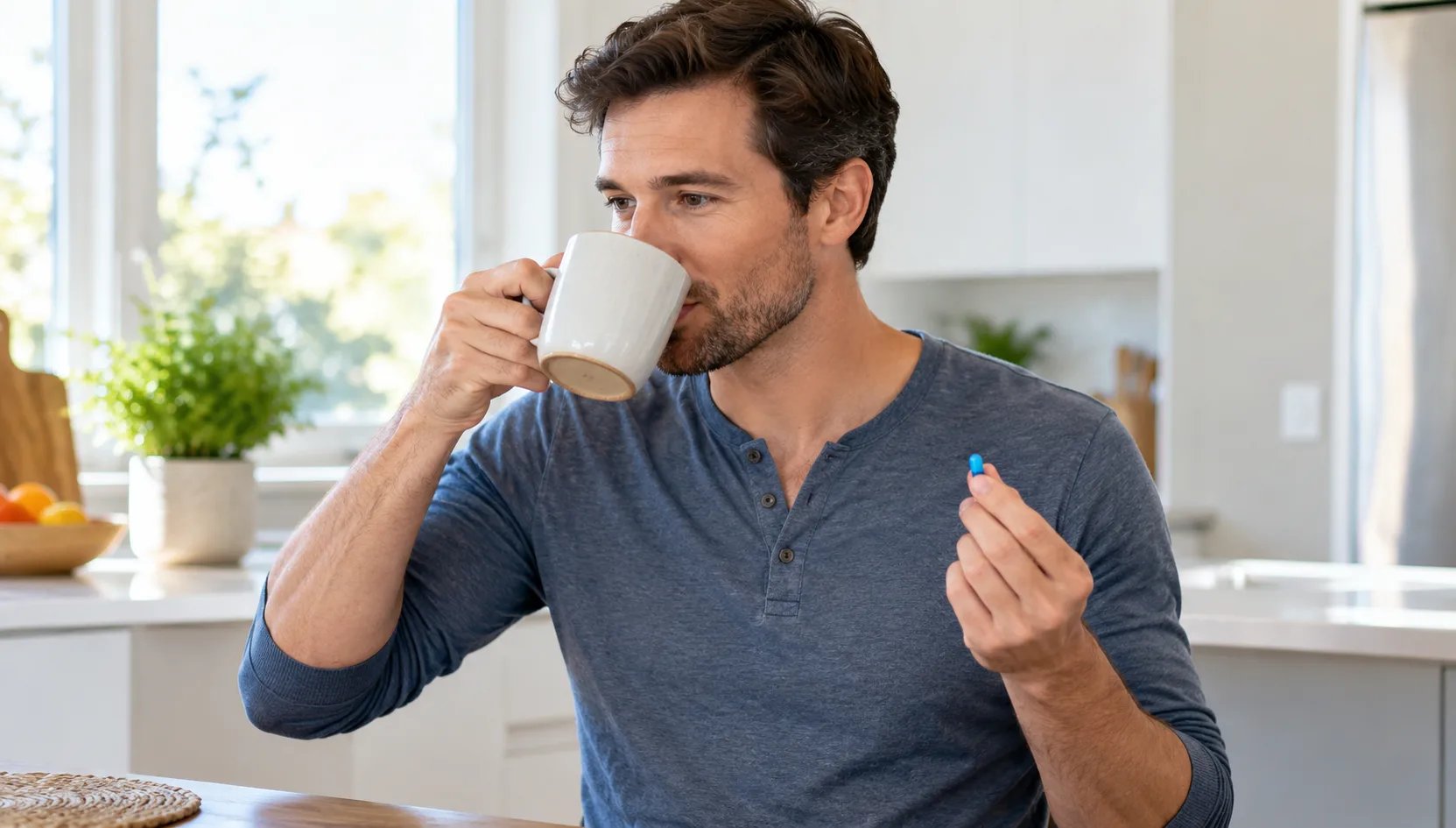 Mann hält eine blaue Tablette in der Hand und trinkt Kaffee in einer hellen Küche.