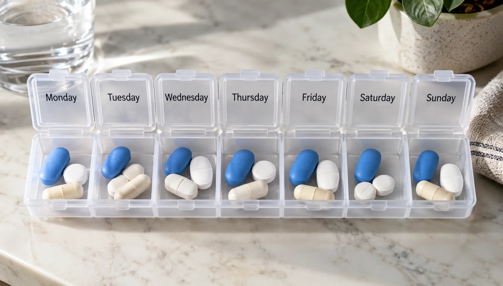 Wochen-Pillendose mit beschrifteten Fächern, blauen Tabletten und weiteren Medikamenten für jeden Tag.