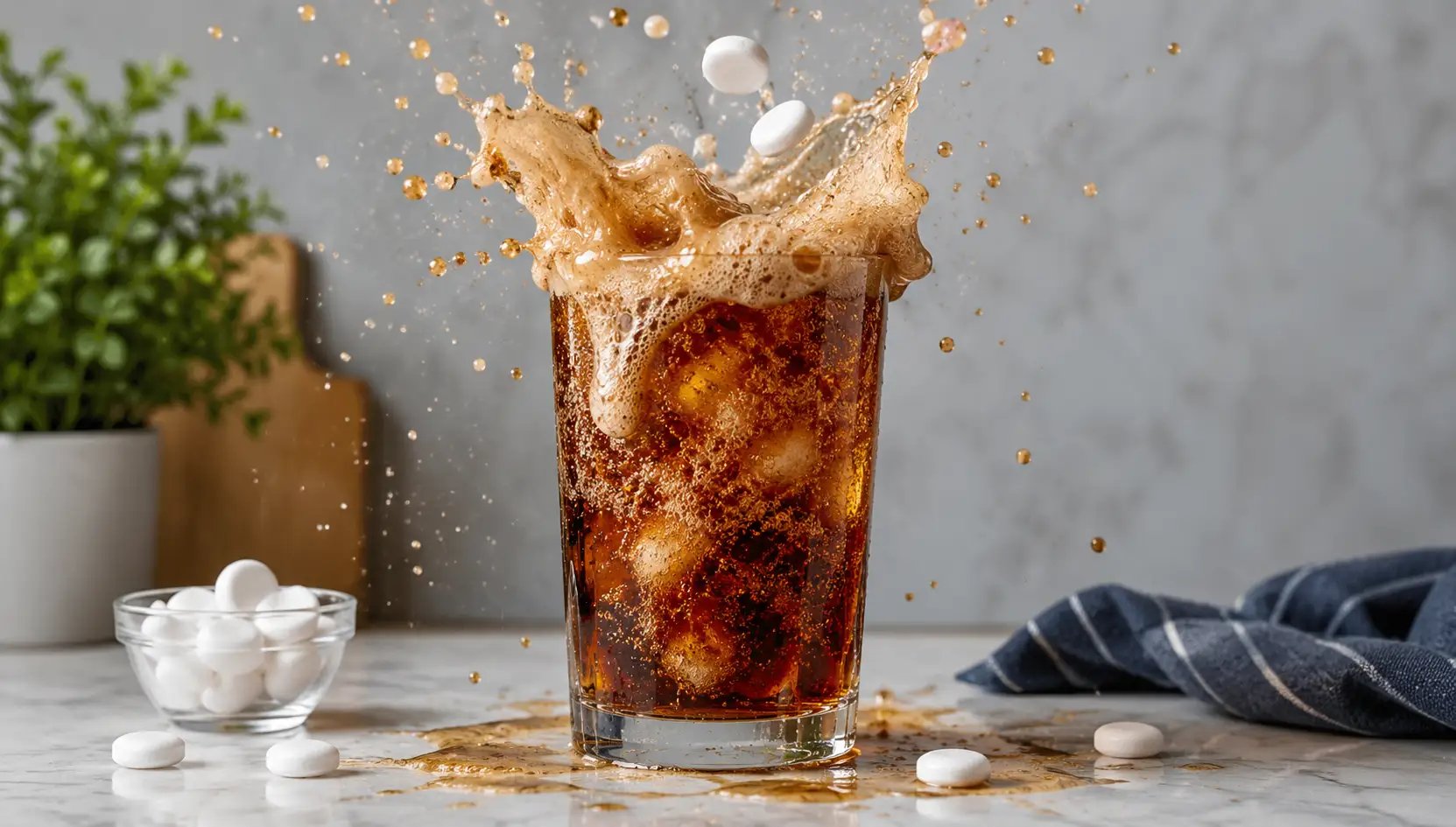 Brausebonbons fallen in ein Glas mit Cola-ähnlicher Limonade, die stark überschäumt und spritzt.
