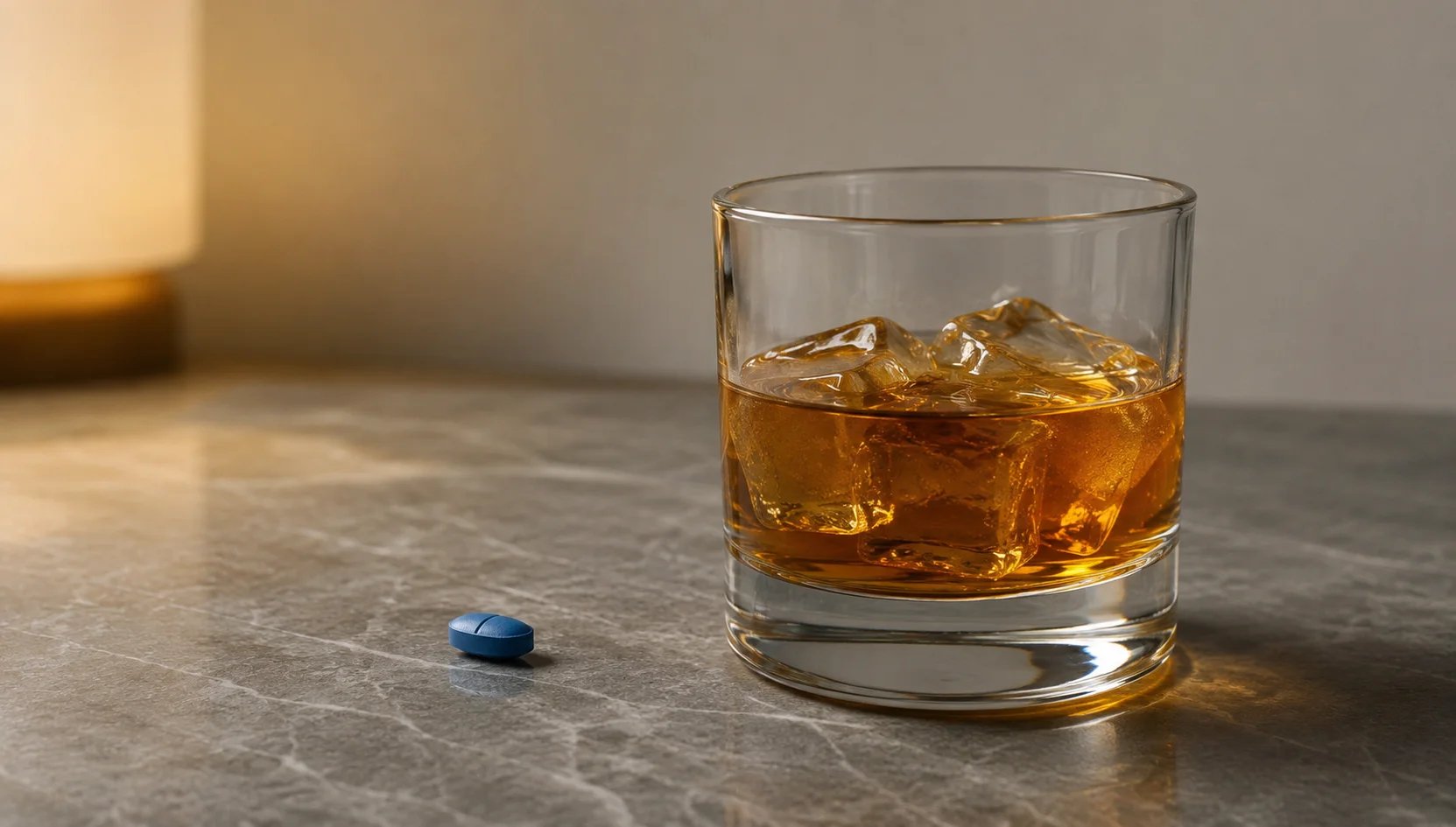 En blå tablett bredvid ett whiskyglas