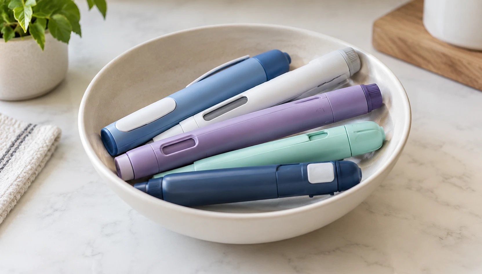 A ceramic bowl filled with different colored injection pens on a marble countertop.