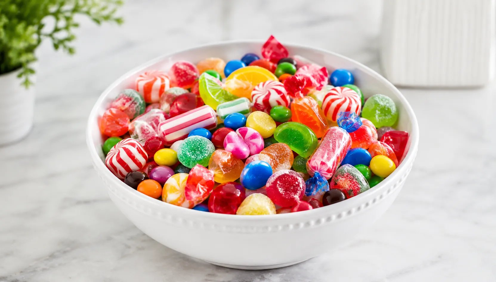 a bowl of differnet candies