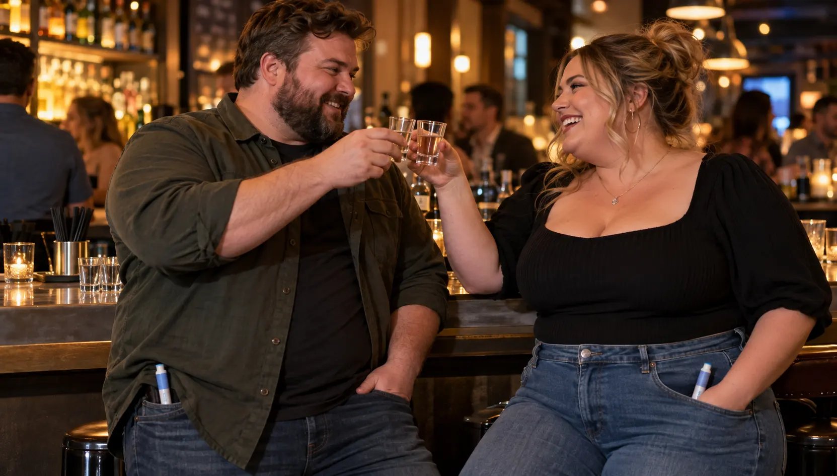 man and woman cheer with shot glasses at a bar, with injection pens visible in their pockets.
