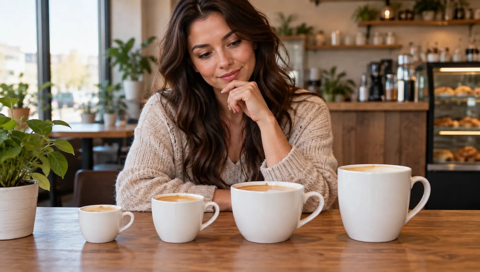 En kvinna väljer mellan fyra kaffekoppar i olika storlekar på ett kafé.