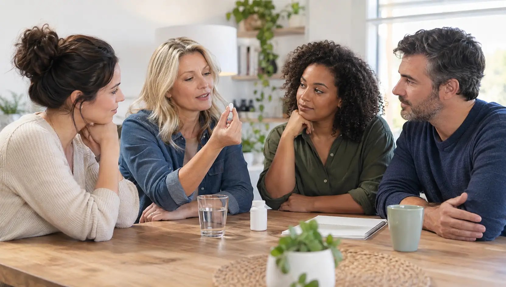 Drei Frauen und ein Mann besprechen gemeinsam eine weiße Pille an einem Tisch.
