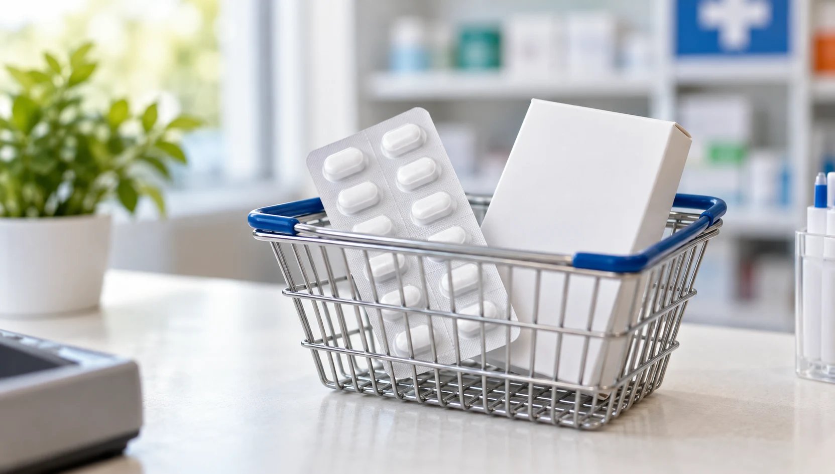 Blisterpackung mit weißen Pillen und eine weiße Medikamentenschachtel liegen in einem Einkaufskorb in der Apotheke.