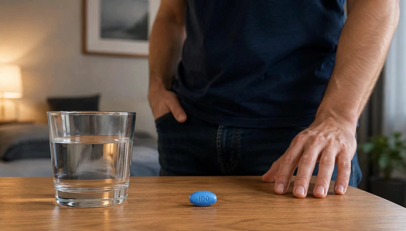 Blaue Pille auf einem Tisch mit einem Glas Wasser