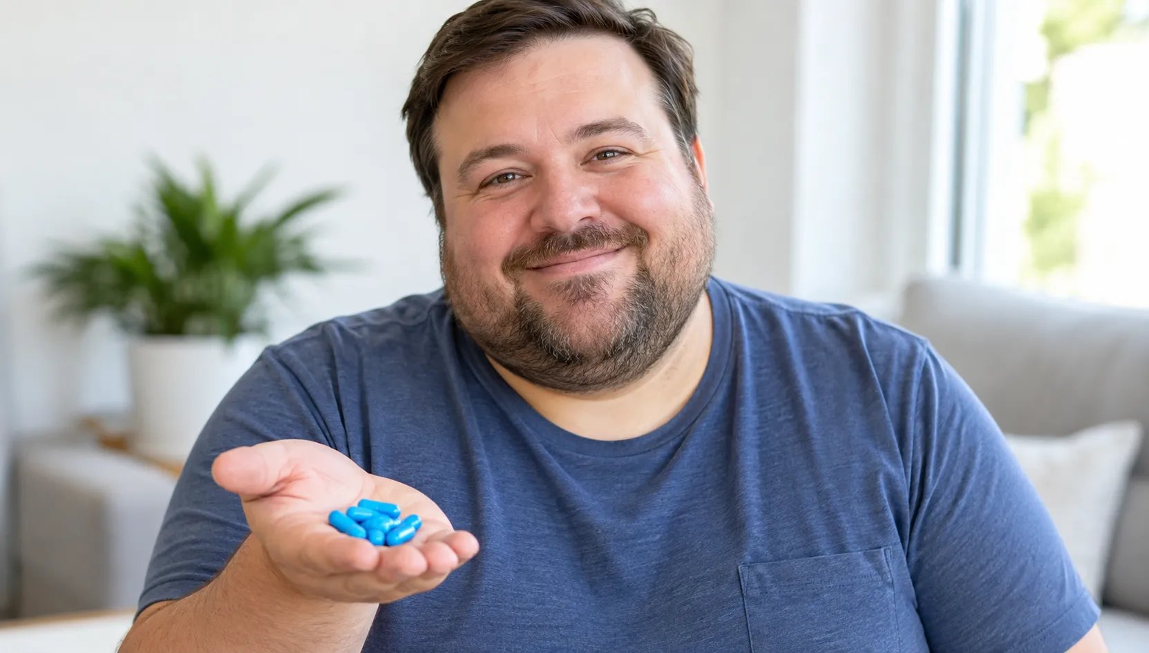 Lächelnder molliger Mann hält mehrere blaue Kapseln in seiner Hand.