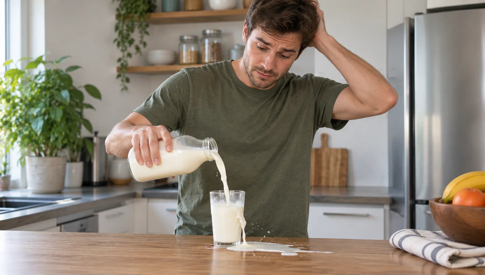 man spilling milk while pouring it into a glass