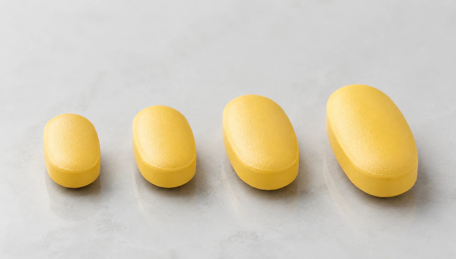 4 gleiche gelbe Tabletten in unterschiedlichen Größen auf dem Tisch