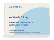 Une boîte de Vardenafil générique à 10 mg contenant 4 comprimés