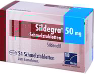En förpackning med Sildegra 50 mg 24 smälttabletter