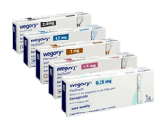 Pack of Wegovy 0.25mg, Wegovy 0.5mg, Wegovy 1mg, Wegovy 1.7mg, and Wegovy 2.4mg