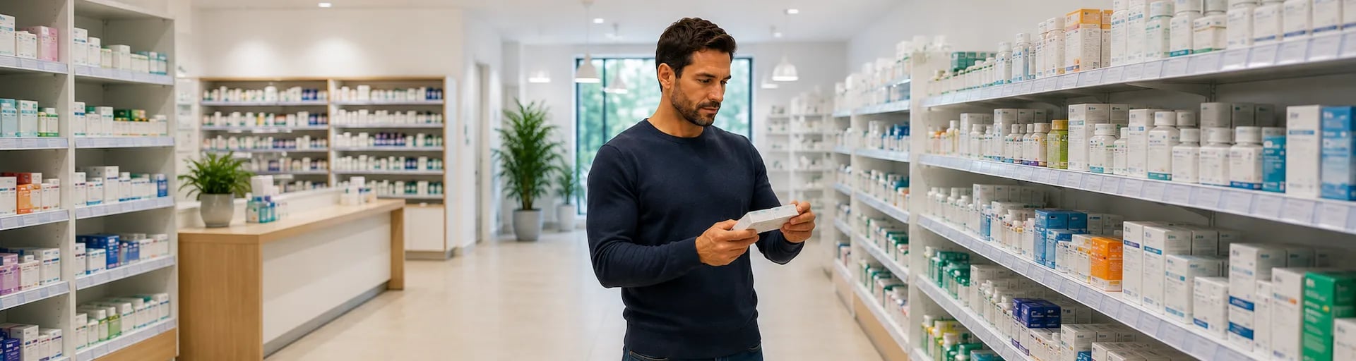 Ein Mann, der sich in einer Apotheke Medikamente ansieht